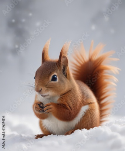 Tiny red squirrel, snow piled on its back, gazing serenely , snowflakes, beautiful