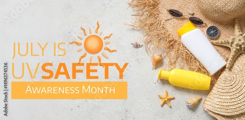 Banner for Ultraviolet Safety Month with beach accessories
