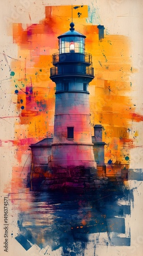 A stylized lighthouse painting with vibrant sunset hues, textured brushstrokes, and a reflective water base photo