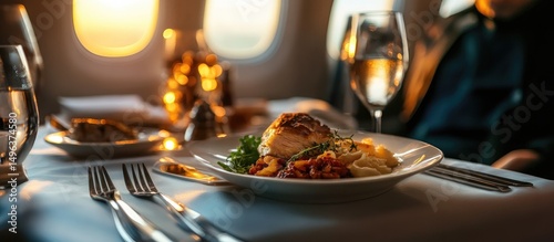 Gourmet meal being served on a plane for a first class passenger during a flight