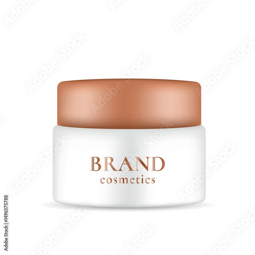 Cosmetic jar with bronze lid, realistic vector packaging mockup on white background