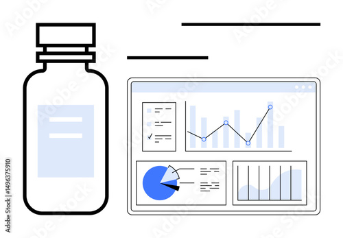Medicine bottle beside detailed dashboard displaying bar graph, pie chart, and line charts with insights. Ideal for healthcare, pharmacy, data analytics, research, medicine tracking, medical studies