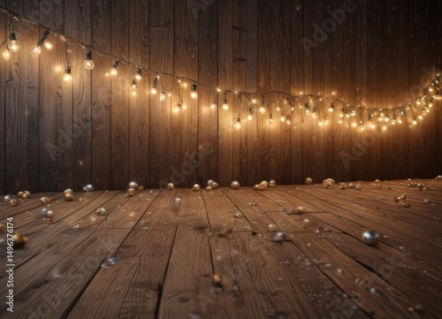 Wooden plank backdrop featuring a scattering of sparkling baubles, and a string of fairy lights ,  cozy,  light,  rustic