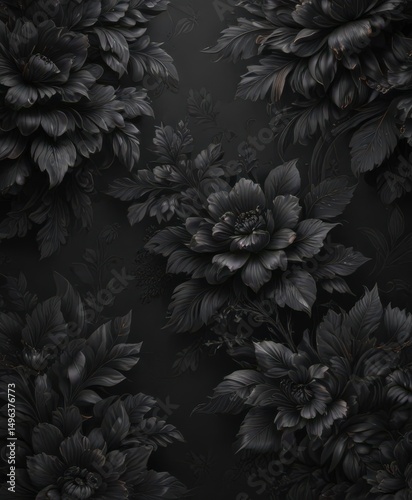 Deep black floral wallpaper, textured, luxurious patterns, charcoal, shadow, pattern