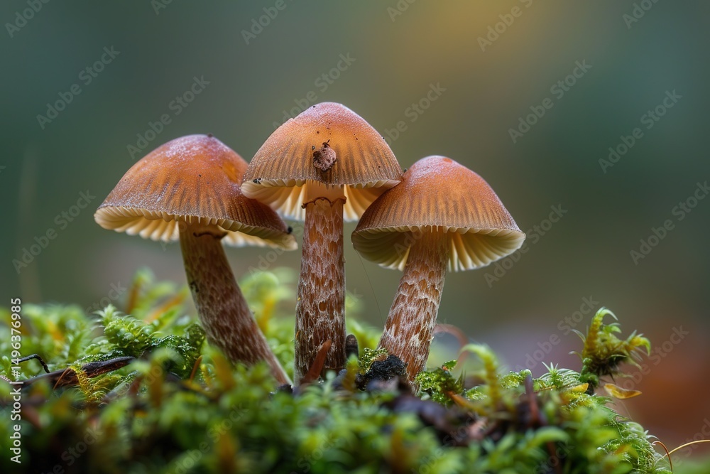Fototapeta premium Three brown mushrooms growing on green moss in natural setting