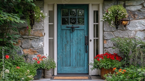 A detail of a front door on home with stone and white bricking siding, beautiful landscaping, and a colorful blue - green front door. 