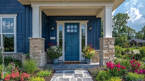 A detail of a front door on home with stone and white bricking siding, beautiful landscaping, and a colorful blue - green front door. 