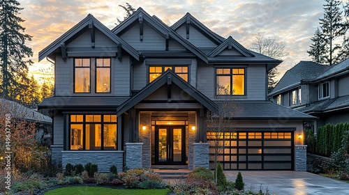 Fototapeta Naklejka Na Ścianę i Meble -  A gentle grey house with siding, mirroring the calm and sophistication of suburban design, illuminated by the day's light.  