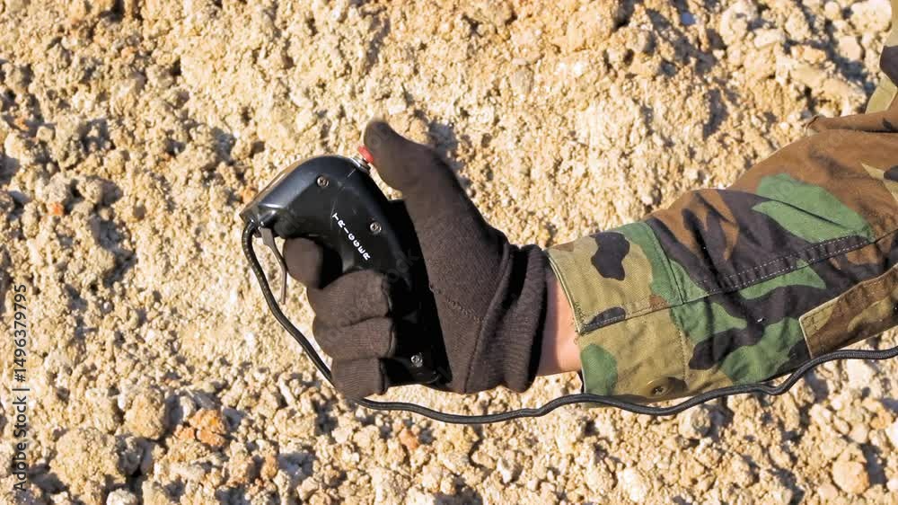 Male Wearing Camoflauge With Glove Holds Military Style Controller While Pulling Trigger And Moving The Knob