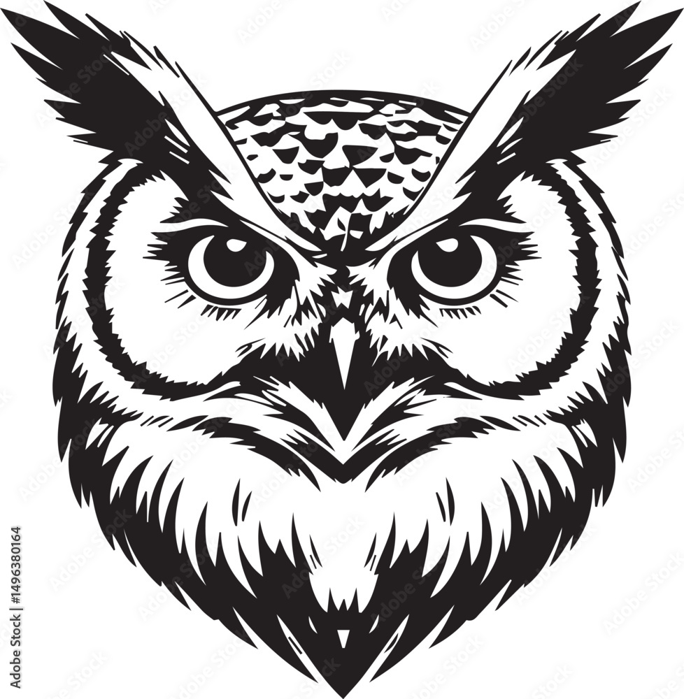 Fototapeta premium Black Owl Face Vector Art Vector artwork of an owl face in solid black silhouette. Ideal for nature-inspired branding, digital designs, wildlife illustrations, and craft projects.