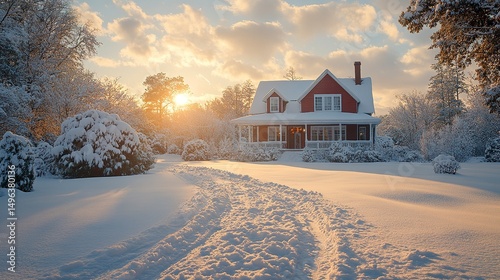 A typical american house in winter. Snow covered. 