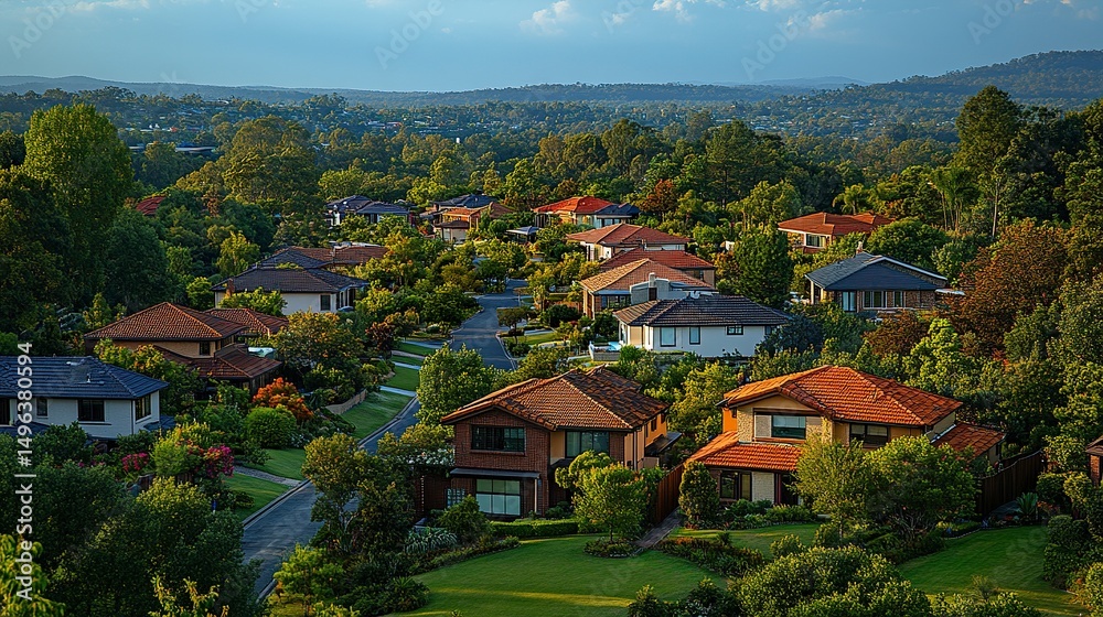 Fototapeta premium Aerial view of residential houses in Melbourne's suburb. Elevated view of Australian homes against blue sky. Copy space for text. Point Cook, VIC Australia. 