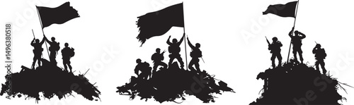 Silhouette of Soldiers Raising Flag on Battlefield Hill Vector silhouette