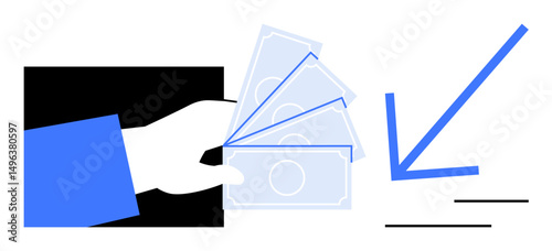 Hand offering paper currency alongside a sharp downward arrow symbolizing financial loss, market downturn, or decreasing profits. Ideal for economy, finance, debt, crisis, savings, business downturn