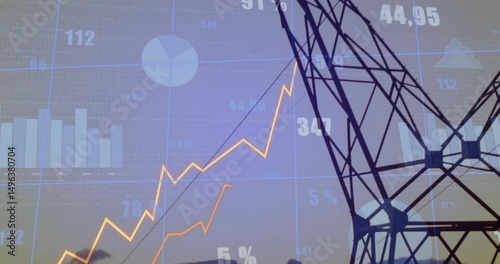 Sunset horizon driving tower sliding to center while line graphs rising, showing energy trends