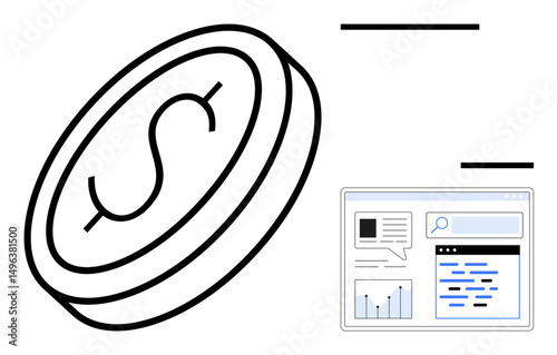 Floating dollar coin with a web browser interface displaying charts, text, and a search bar. Ideal for technology, finance, investment, analytics, fintech industry, strategy simple landing page