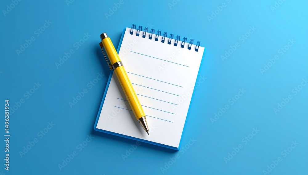 A yellow pen rests on a blank notepad against a blue background, suggesting creativity and organization A yellow pen rests on a blank notepad against a blue background, suggesting creativity and organization