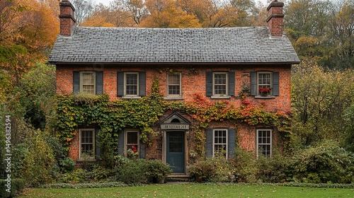 Fototapeta Naklejka Na Ścianę i Meble -  Bay window of older vine covered brick house  