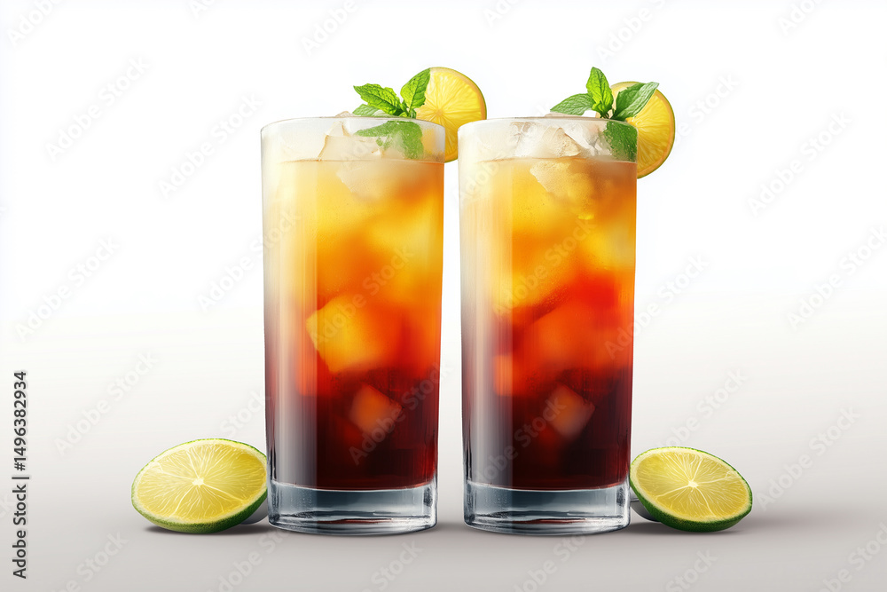 Fototapeta premium Cold refreshment with lemon and ice in a glass, like a cocktail or cola, a fresh and cool beverage