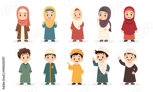 Cute kids muslim characters graphic vector illustration set
