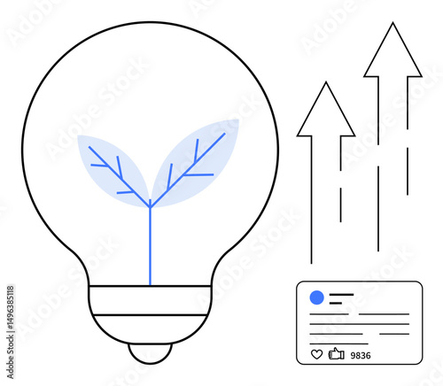 Light bulb with plant, three upwards arrows, social media thumbs up panel. Ideal for sustainability, eco-innovation, growth strategy, social impact, marketing trends, creative ideas simple landing