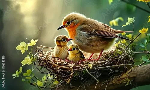 A Tender Moment in Nature: Parent Bird Caring for Three Adorable Chicks in a Cozy Nest