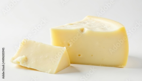 Creamy white cheese wheel on white background, italian, colby