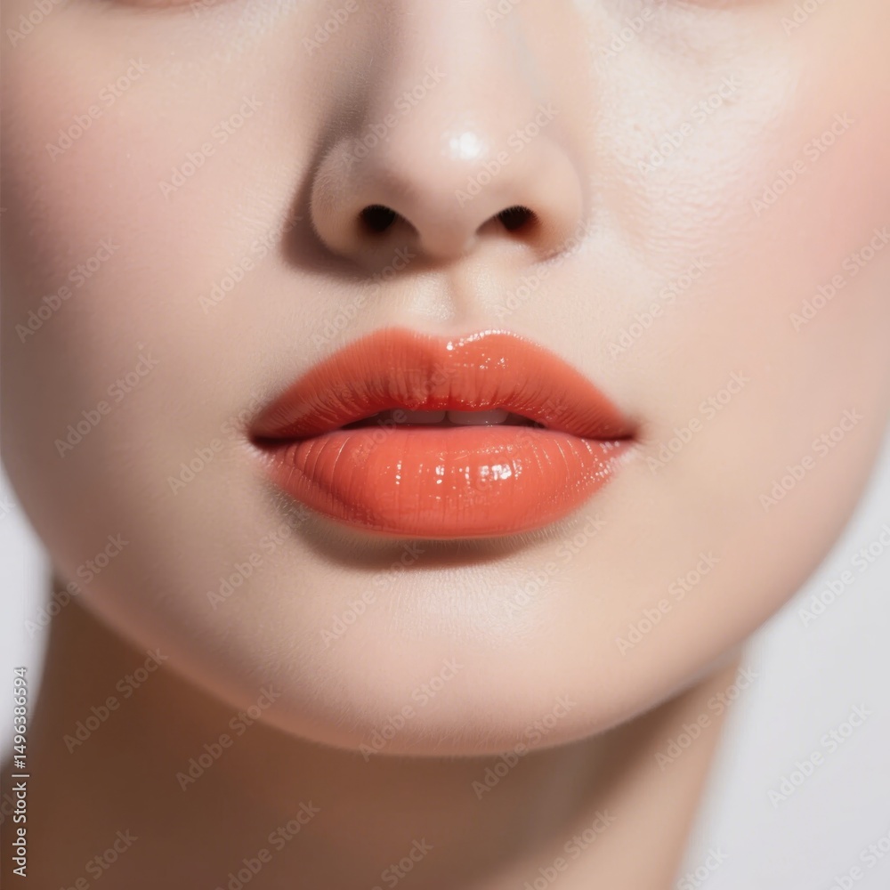 Fototapeta premium Close-up of a person's lips with glossy orange lipstick