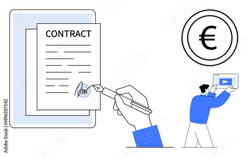 Hand signing a contract with pen, euro currency icon, person holding tablet. Ideal for finance, contracts, agreements, business, technology, legal services marketplaces simple landing page