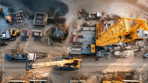 Construction site drone view with autonomous heavy machinery, AI-guided crane operations, modern infrastructure technology scene