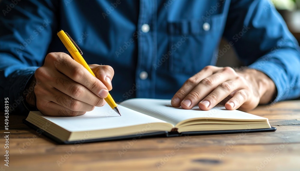 A person writes in a notebook using a yellow pen, surrounded by a cozy, wooden workspace