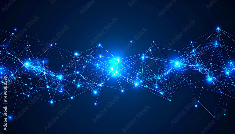 Fototapeta premium Digital Web: Abstract web of interconnected digital nodes, emitting a vibrant glow on a deep blue backdrop, symbolizing connectivity, innovation, and the boundless potential of the digital age.