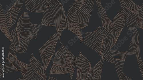 Abstract seamless pattern features flowing, organic lines in a light brown on a muted dark gray background. The lines create a sense of  movement and volume