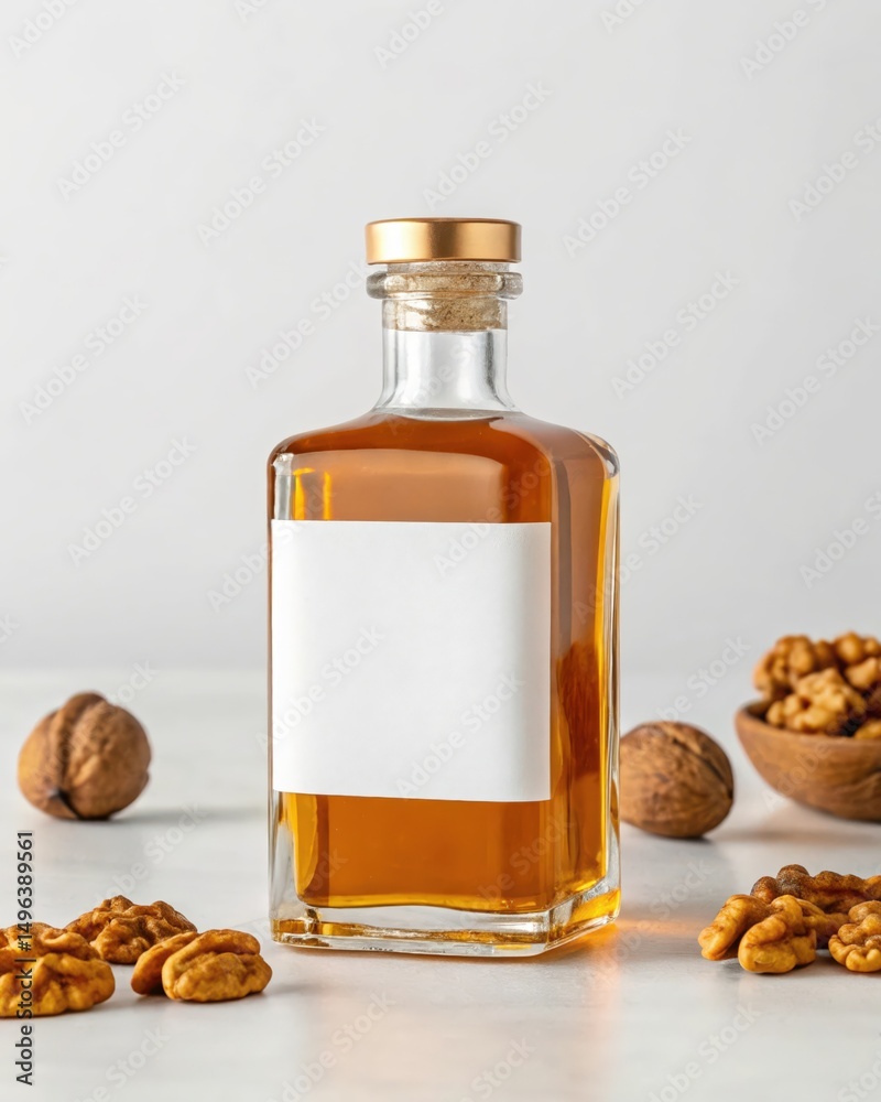 Premium Walnut Oil in Glass Bottle with Blank Label - Mockup Premium Walnut Oil in Glass Bottle with Blank Label - Mockup