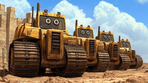 Three Weathered Yellow Bulldozers on Sandy Terrain Under a Partly Cloudy Sky