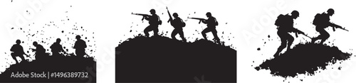 Silhouettes of Soldiers in Action on Battlefield Hill, Grunge Military Vector Illustration