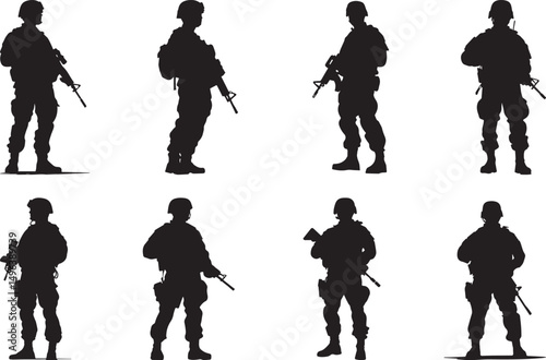 Silhouettes of Armed Soldiers Standing in Combat Gear Military Vector Art