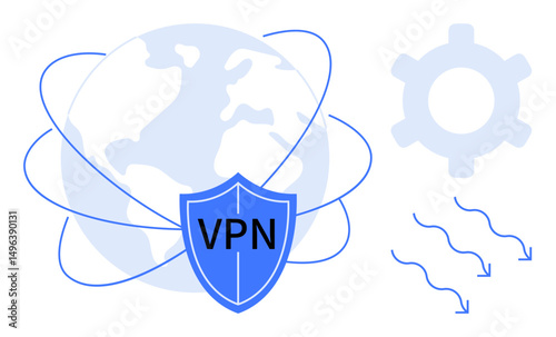Blue shield with VPN label in front of world map surrounded by orbit lines, gear icon, and data flow. Ideal for security, privacy, internet safety, networking, data protection, technology access