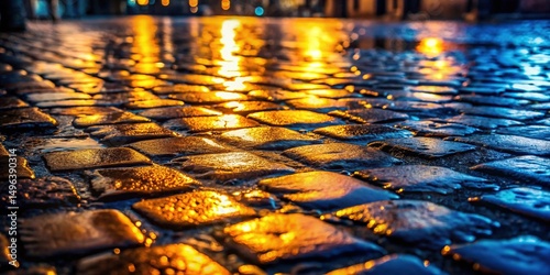 Night City Streets Wet Cobblestone Reflections at Night