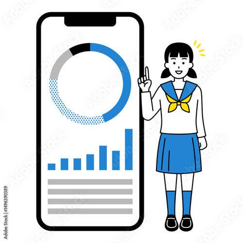 グラフが表示されたスマートフォンと女子学生（全身）