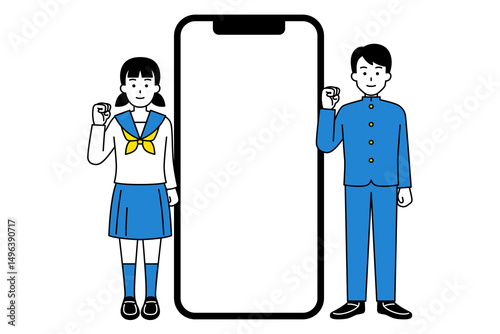 空白の画面のスマートフォンとガッツポーズをする男女の学生（全身）