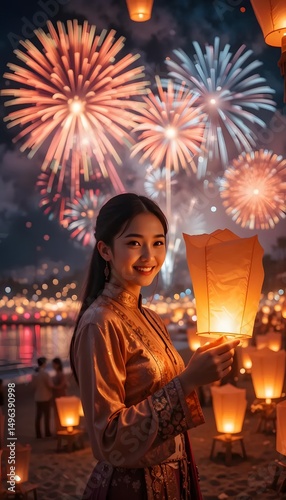 Lantern festival chiang mai thailand yi peng tradition asian woman fireworks celebration