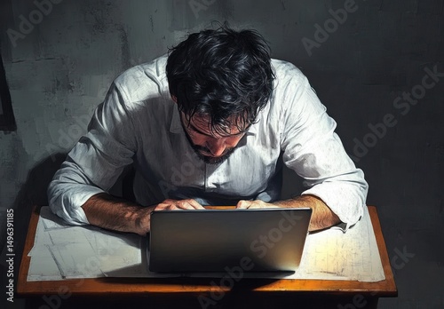 Man in white shirt intensely focused on laptop at wooden desk in dimly lit room, showing concentration and determination