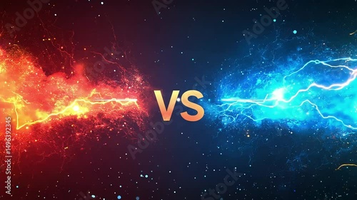 A dark-themed battle concept inspired by MMA fight night—featuring boxing, wrestling, Muay Thai, and mixed martial arts. fire 'VS' letters collide with sparks and glowing effects over a red-blue
