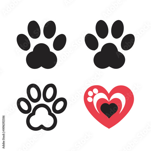 Dog paw print set. Paw icon collection on white background . Vector illustration. Pet paw editable stroke. footprints, Heart with pet paw print dog cat icon, vector illustration. paws prints dog. 