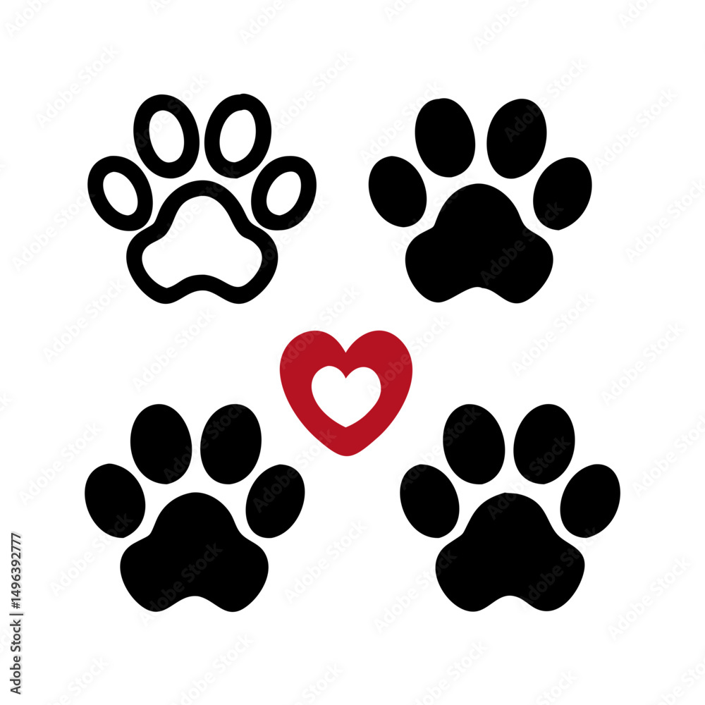 Fototapeta premium Dog paw print set. Paw icon collection on white background . Vector illustration. Pet paw editable stroke. footprints, Heart with pet paw print dog cat icon, vector illustration. paws prints dog. 