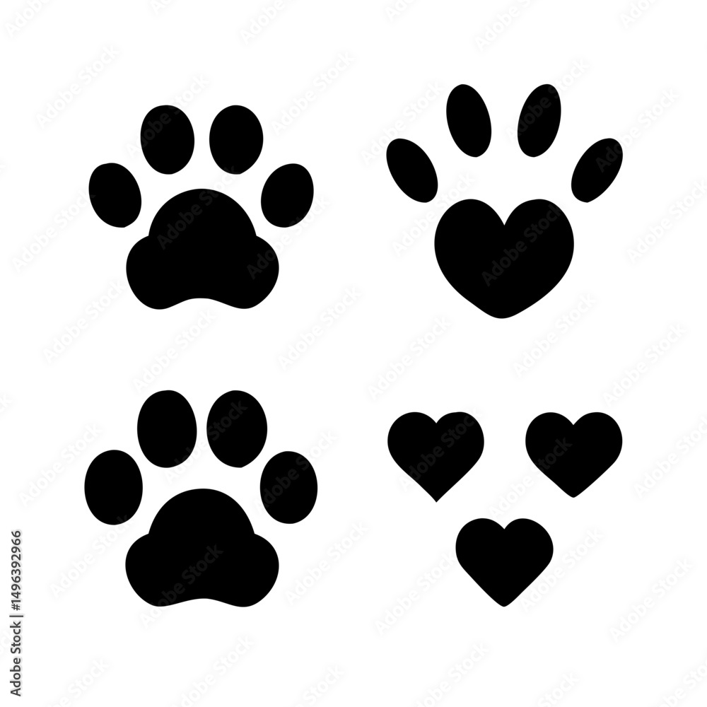 Fototapeta premium Dog paw print set. Paw icon collection on white background . Vector illustration. Pet paw editable stroke. footprints, Heart with pet paw print dog cat icon, vector illustration. paws prints dog. 