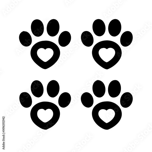 Dog paw print set. Paw icon collection on white background . Vector illustration. Pet paw editable stroke. footprints, Heart with pet paw print dog cat icon, vector illustration. paws prints dog. 