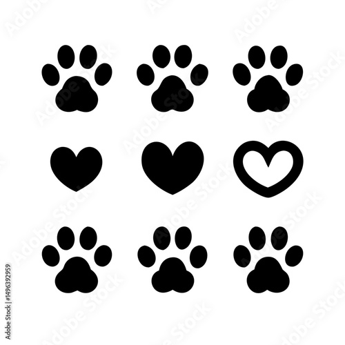 Dog paw print set. Paw icon collection on white background . Vector illustration. Pet paw editable stroke. footprints, Heart with pet paw print dog cat icon, vector illustration. paws prints dog. 