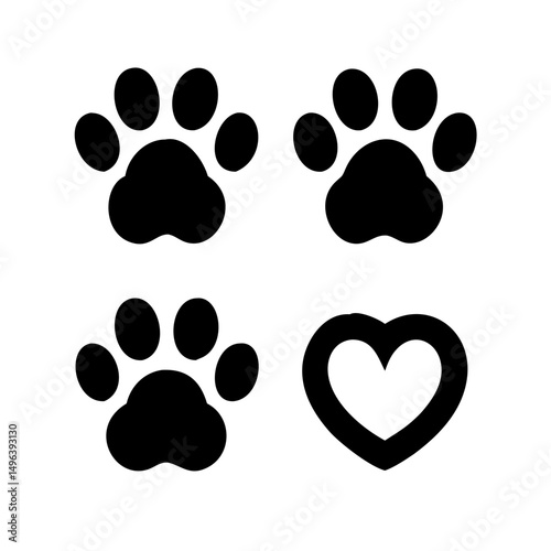 Dog paw print set. Paw icon collection on white background . Vector illustration. Pet paw editable stroke. footprints, Heart with pet paw print dog cat icon, vector illustration. paws prints dog. 